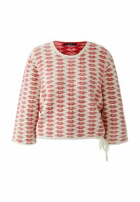 Red and white cropped sweater made of soft fabric featuring a repeating lip pattern. Rounded neckline with ties at the hem and wide sleeves.