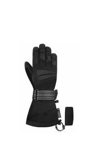 Schwarze Winterhandschuhe mit strukturiertem Handflächen, verstärkten Fingerspitzen, verstellbarem Handgelenkband mit Karomuster und weicher Isolierung.