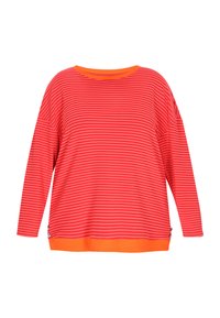 Bluza cu dungi roșii și roz, cu mâneci lungi, decolteu rotund larg, tiv portocaliu la margine și accente argintii pe cusăturile laterale.