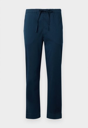 Marineblaue, leichte Hose mit einem elastischen Bund und verstellbarem Kordelzug. Glattes Material, gerades Bein Design und umgeschlagener Saum.