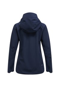 Giacca impermeabile blu marina con cappuccio, maniche lunghe e texture liscia. Caratterizzata da un fondo allungato e un branding discreto all'orlo.