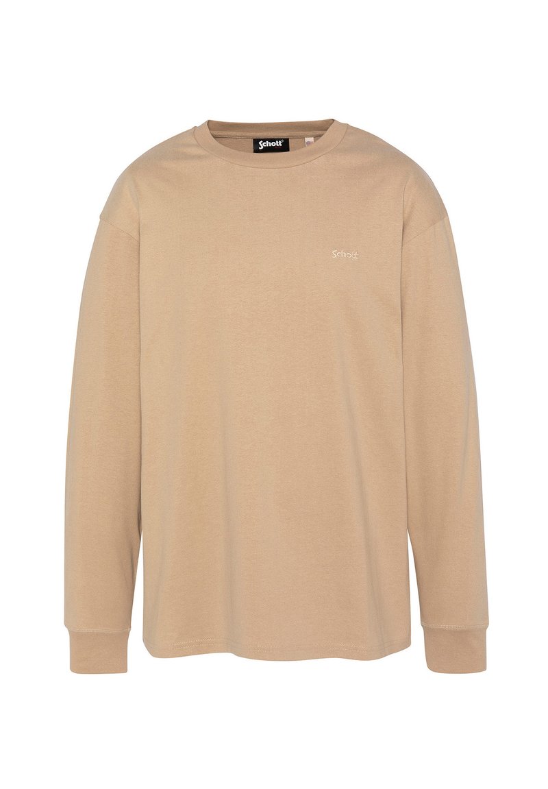Beige Langarmshirt aus weichem Baumwollstoff. Rundhals, lässige Passform und dezentes Logo auf der Brust. Glatte Textur und minimalistisches Design.