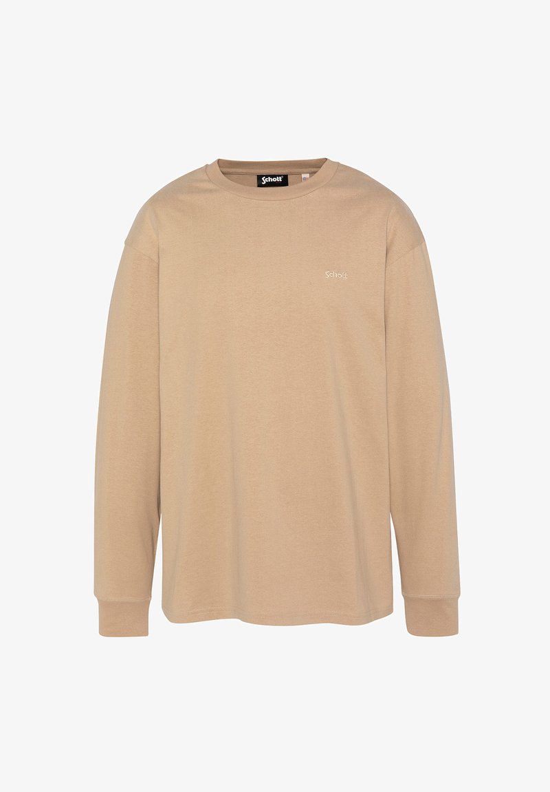 Beige Langarmshirt aus weichem Baumwollstoff. Rundhals, lässige Passform und dezentes Logo auf der Brust. Glatte Textur und minimalistisches Design.