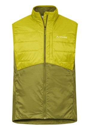 Veste extérieure sans manches vert clair et jaune avec fermeture éclair sur le devant, col haut, poche poitrine, et logo "Vaude" sur le côté gauche de la poitrine.