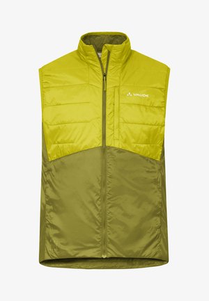 Veste extérieure sans manches vert clair et jaune avec fermeture éclair sur le devant, col haut, poche poitrine, et logo "Vaude" sur le côté gauche de la poitrine.