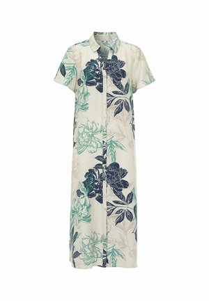 Witte midi-jurk met korte mouwen, knopen aan de voorkant, groen en marineblauw bloemenprint en een klassieke kraag.