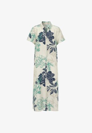 Witte midi-jurk met korte mouwen, knopen aan de voorkant, groen en marineblauw bloemenprint en een klassieke kraag.