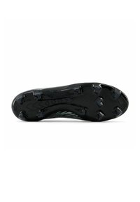 Black soccer cleat sole with a textured pattern, featuring prominent studs for traction and a sleek, streamlined design.