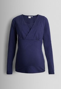 Blusa de maternidad de manga larga en color navy con escote en V y detalle fruncido debajo del busto, fabricada en suave y transpirable tela de algodón.