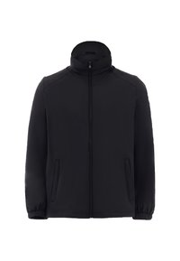 Sort jakke med højt krave, fuld frontlynlås, sidelommer og elastiske manchetter. Fremstillet af glat stof med et minimalistisk design.