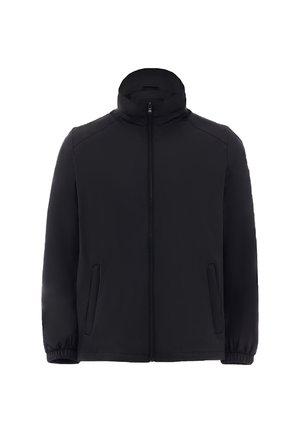 Schwarze Jacke mit hohem Kragen, durchgehendem Reißverschluss, seitlichen Taschen und elastischen Manschetten. Hergestellt aus glattem Stoff mit einem minimalistischen Design.