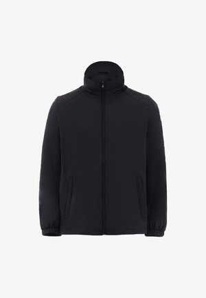 Giacca nera con colletto alto, zip frontale completa, tasche laterali e polsini elasticizzati. Realizzata in tessuto liscio con un design minimalista.