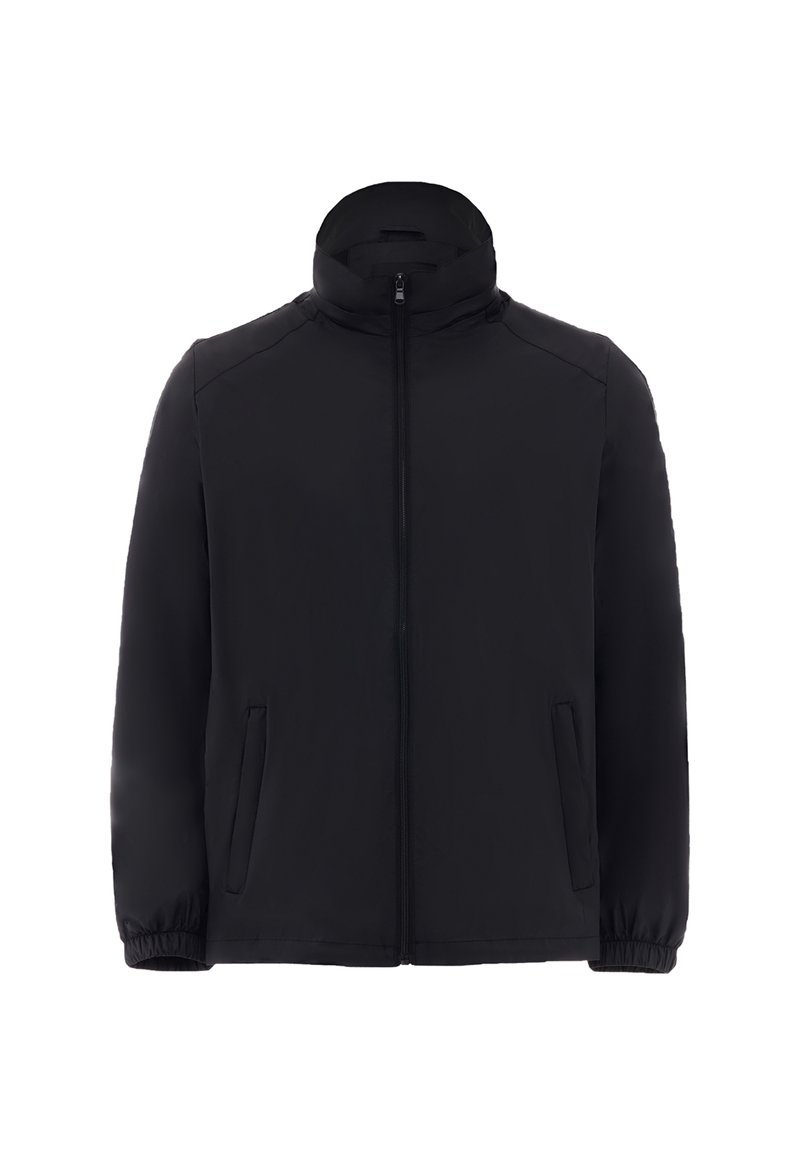 Sort jakke med højt krave, fuld frontlynlås, sidelommer og elastiske manchetter. Fremstillet af glat stof med et minimalistisk design.