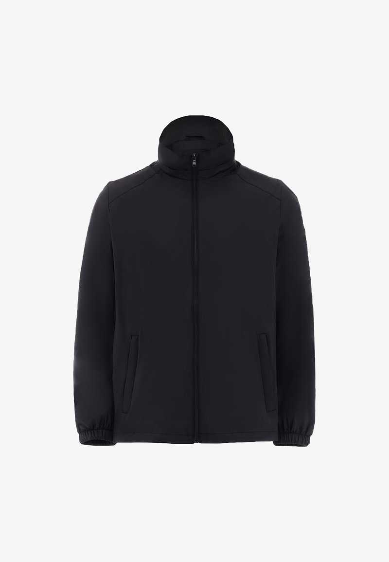 Black jacket with a high collar, full front zipper, side pockets, and elasticized cuffs. Made of smooth fabric with a minimalist design.