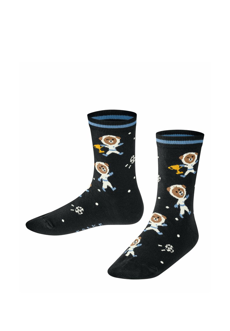 Schwarze Socken mit verspielten Bärenastronauten in Raumanzügen, mit blauen Akzenten oben. Das Design enthält Sterne und Planeten. Aus Baumwollmaterial.