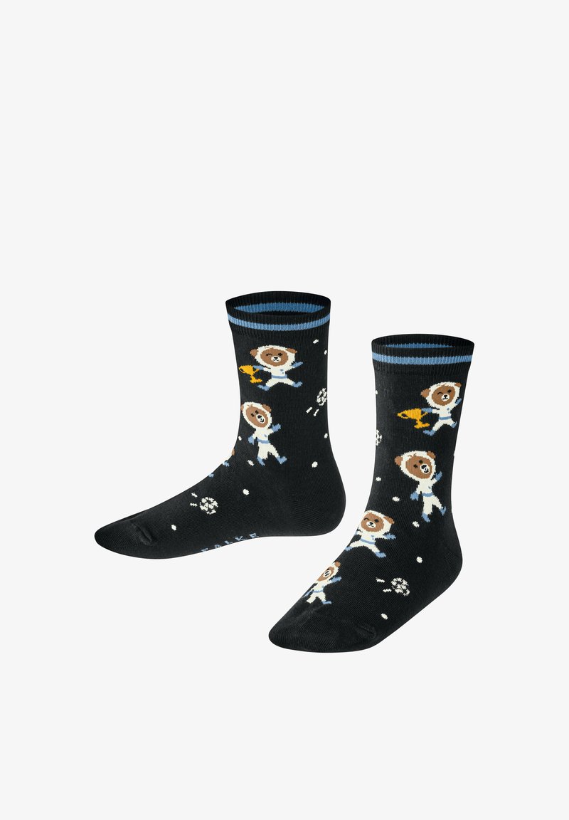 Schwarze Socken mit verspielten Bärenastronauten in Raumanzügen, mit blauen Akzenten oben. Das Design enthält Sterne und Planeten. Aus Baumwollmaterial.