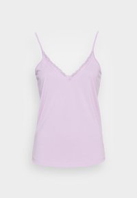 Camiseta de color púrpura claro con tirantes finos y escote en V, que presenta un borde de encaje a lo largo del escote. Tela suave, corte relajado.