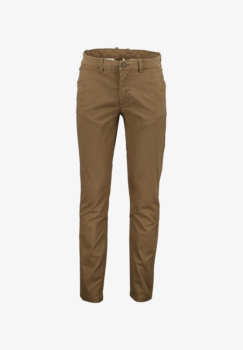 Pantalon marron slim pour homme avec fermeture par bouton et zip, passants pour ceinture et poches latérales, présenté sur fond blanc.
