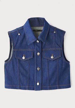 Blue denim sleeveless vest with a pointed collar, metal snap buttons, dual chest pockets, and contrasting orange stitching.