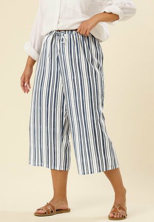Donna che indossa pantaloni larghi a righe verticali bianchi e blu navy, tagliati alla caviglia, con vita aderente e sandali bassi marroni.