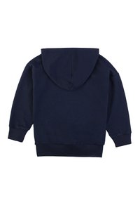 Felpa con cappuccio blu navy in cotone, con tasca a marsupio, polsini a coste e una finitura di tessuto testurizzato. Vista posteriore mostrata.