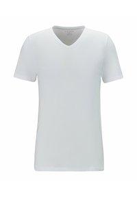 White short-sleeve V-neck T-shirt made of smooth cotton. Simple design with a classic fit, featuring no patterns or accents.