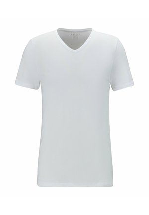 T-shirt bianco a maniche corte con scollo a V realizzato in cotone liscio. Design semplice con una vestibilità classica, privo di motivi o decorazioni.