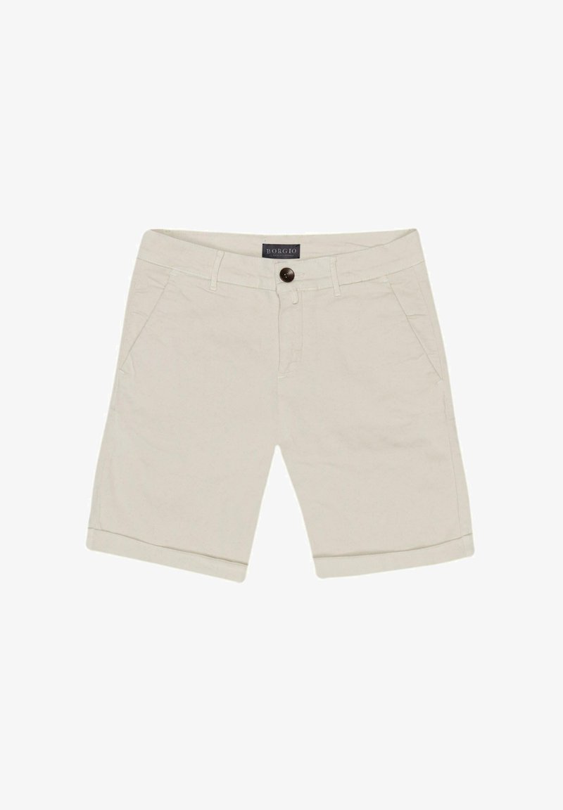 Beżowe szorty z bawełny mają zapięcie na guzik, cztery kieszenie oraz mankiety, prezentując czysty i prosty design. Metka na pasie głosi "BOBBIO".