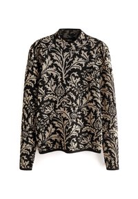 Maglione nero con un motivo floreale crema. Maniche lunghe, collo rotondo e tessuto Texturato con dettagli intricati in tutto il capo.