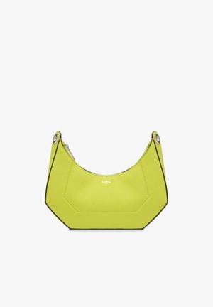 Sac à main en cuir vert vif avec un haut arrondi, une fermeture éclair et des ferrures argentées à chaque extrémité.