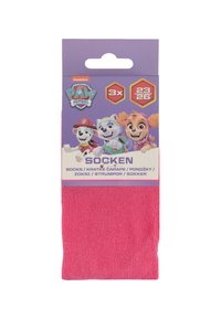 Calzini rosa con texture a coste, confezionati con un'etichetta viola caratterizzata dai personaggi di "Paw Patrol". Il set include tre paia, taglia 23-26.