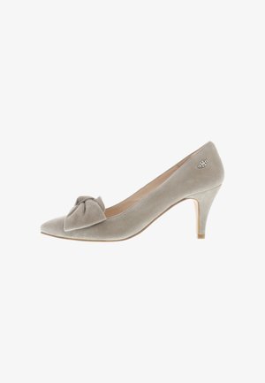 Light gray suede mid-heel pump with pointed toe and large decorative bow on the front, featuring a small metallic logo on the side.