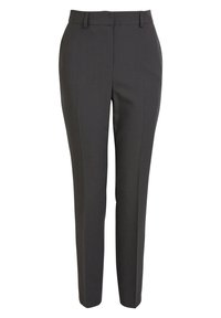 Pantalon de costume slim gris foncé avec passants de ceinture et plis avant, conçu pour un cadre formel ou de bureau.