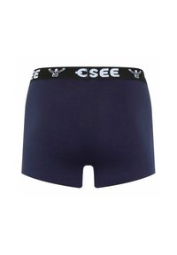 Boxer da uomo blu navy con elastico nero in vita, caratterizzati da testo e logo bianco "CSEE". Tessuto liscio con un design classico.
