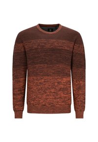 Ein rostfarbener Pullover aus strukturiertem Strickstoff, der über horizontale Streifen in verschiedenen Orangetönen und Brauntönen verfügt und mit einem runden Halsausschnitt versehen ist.