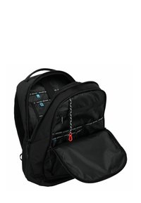 Zaino nero con molteplici scomparti, cerniere e retro in rete. Presenta un dettaglio con coulisse rossa e una fodera interna con motivo.