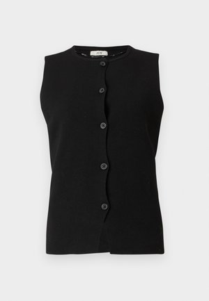 Czarna bezrękawnikowa kamizelka z okrągłym dekoltem i sześcioma guzikami z przodu na białym tle.
