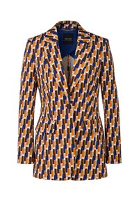 Gemusterter Blazer in orange, blau und braun Tönen. Verfügt über ein tailliertes Design, zwei Vordertaschen und einen einzelnen Knopfverschluss. Glatte Stofftextur.