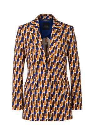 Patterned blazer in orange, blue, and brown hues. Features a fitted design, two front pockets, and a single button closure. Smooth fabric texture.