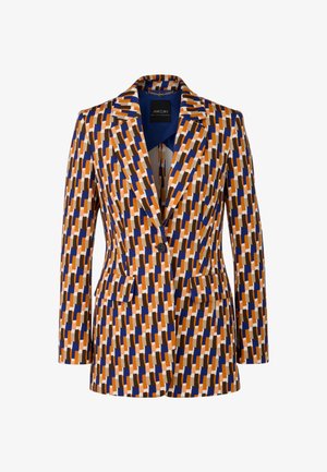 Patterned blazer in orange, blue, and brown hues. Features a fitted design, two front pockets, and a single button closure. Smooth fabric texture.
