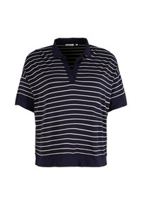 Marinblå kortärmad polo med V-ringning och vita horisontella ränder, tillverkad av mjukt tyg med en avslappnad passform.