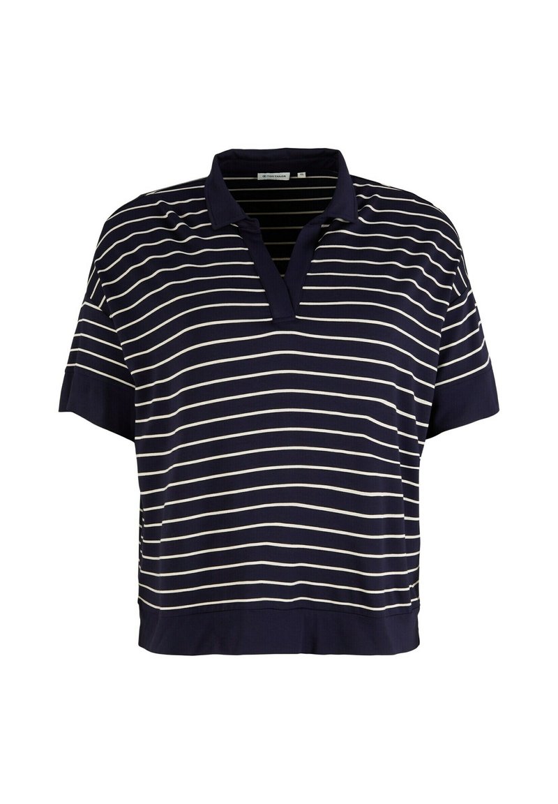 Marinblå kortärmad polo med V-ringning och vita horisontella ränder, tillverkad av mjukt tyg med en avslappnad passform.