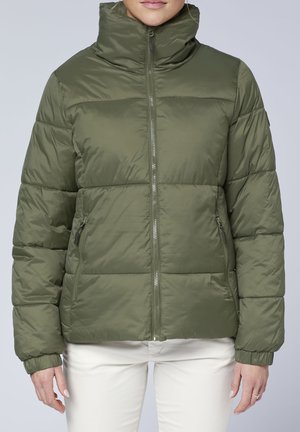 Olive green puffer jacket with high collar, zip closure, and elastic cuffs. Features quilted panels and side pockets. Smooth, glossy finish.