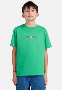 Groene katoenen t-shirt met een grafische print met de tekst "ELEMENT" in meerkleurige letters op de borst. Korte mouwen, losse pasvorm.