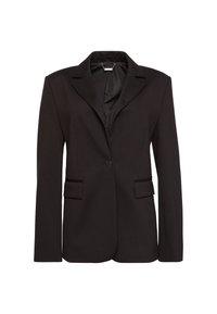 Blazer noir cintré avec fermeture à un bouton, revers crantés, manches longues et deux poches avant à rabat, présenté sur fond blanc.