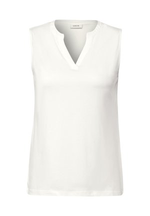 White sleeveless top in a smooth fabric with a V-neck design and a relaxed fit. Features clean edges and a simple, minimalistic style.