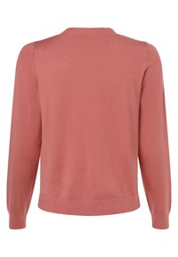 Rosa gestrickter Pullover, lange Ärmel, Rundhalsausschnitt, glatte Textur, gerippte Bündchen und Saum, nahtloses Rückendesign.