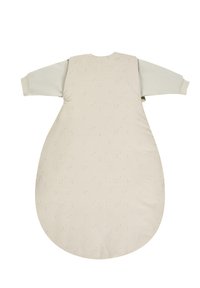 Beige Baumwolls Schlafsack mit weichem, strukturiertem Stoff und langen Ärmeln. Verfügt über ein dezentes Punktmuster für zusätzliche Details.