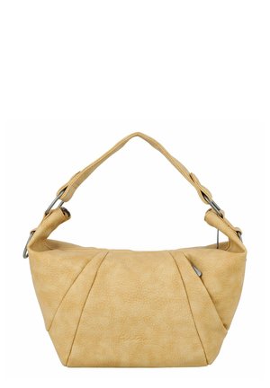 Sac à main beige texturé avec coutures diagonales, une large bandoulière unique avec garniture argentée, et un logo embossé subtil au centre à l'avant.