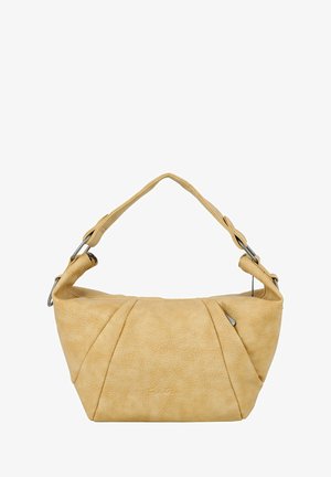 Bolso beige texturizado con costuras diagonales, una banda ancha simple con herrajes plateados y un logo sutil en relieve en el centro frontal.